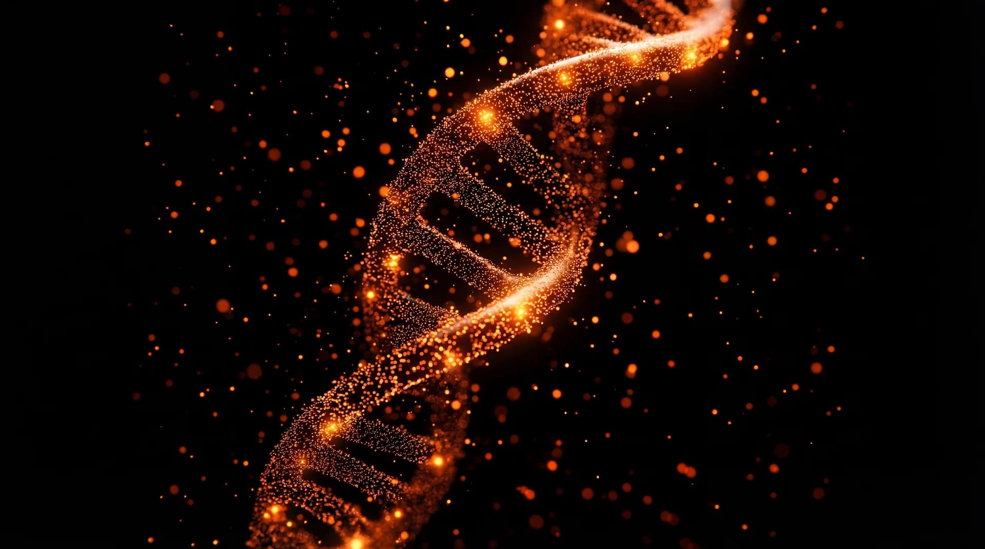 DNA double helix formed from glowing orange point cloud particles