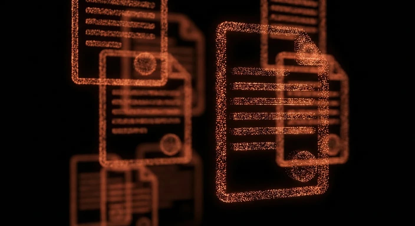 Legal documents rendered as glowing orange particle point cloud