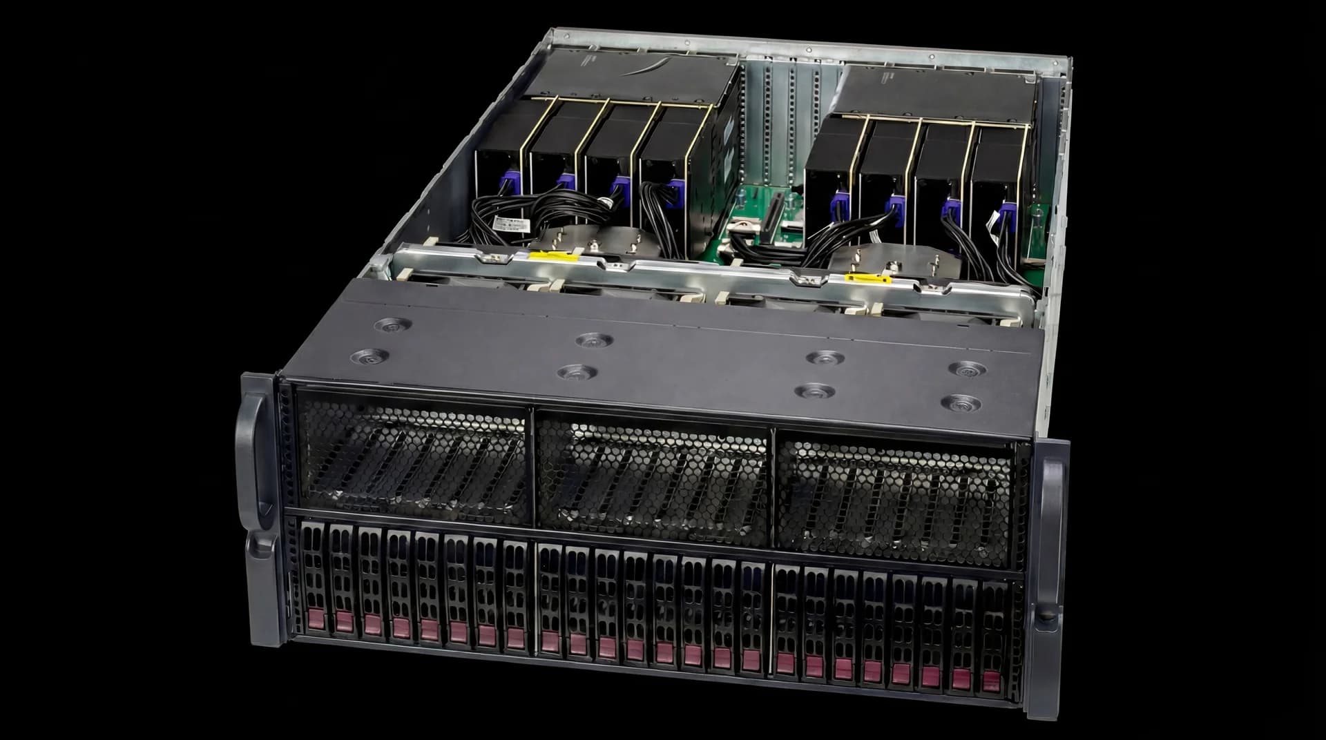 Enterprise multi-GPU inference server with top cover removed showing eight GPUs